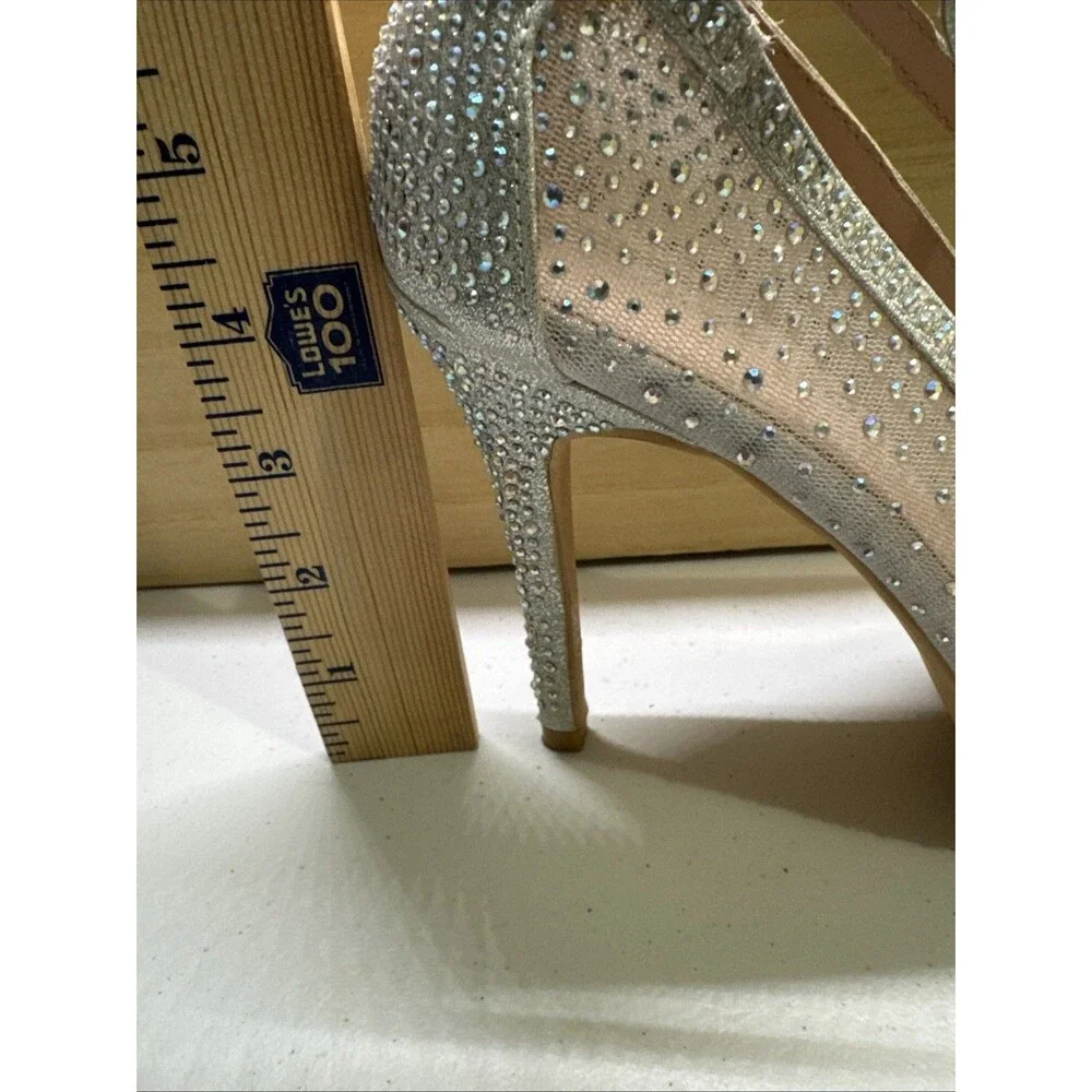 Bella Luna Silver Mesh Jeweled Heel Stiletto narrow Open Toe Shoes Size 7.5